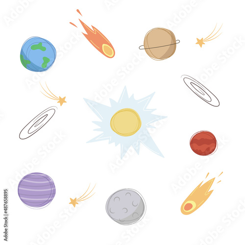 Funny set of planets, sun and comets. Cartoon flat style illustration for kids decor, stickers,nursery design, education. All elements isolated on white background.