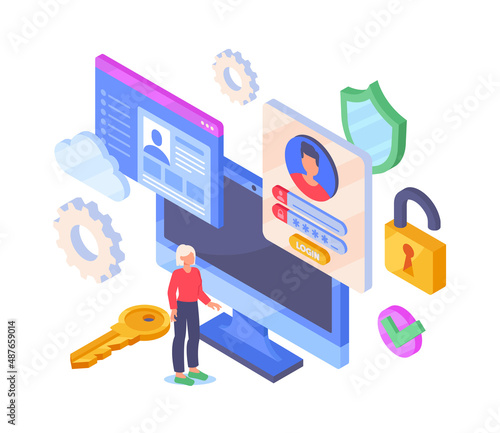 Login security concept. Girl stands in front of large computer screen. Authorization and identification. Internet security and modern data protection technologies. Volumetric vector illustration