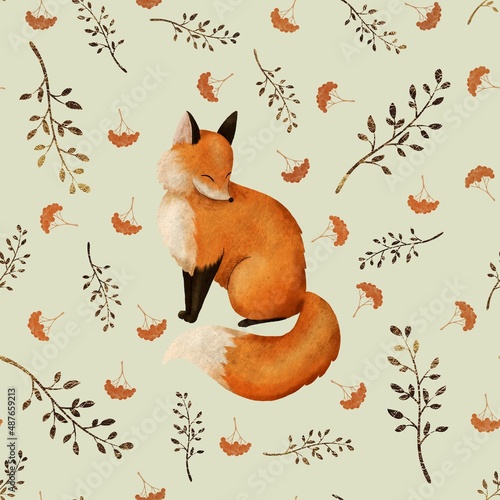 amazing stylish hand drawn seamless pattern. Forest orange colorful  fox with golden branches and red berries on light green background