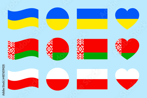 Ukraine, Belarus, Poland flag vector illustration. Ukrainian, Belarusian, Polish states official symbols set. Can use for travel, patriotic, sports pages designs. geometric shapes icons. Flat style.