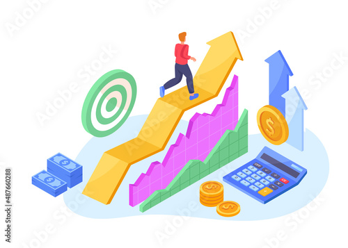 Concept of profit growth. Man runs up arrow. Graph, diagram or chart. Financial literacy and investing. Character analyzes income, analytical department. Cartoon volumetric vector illustration