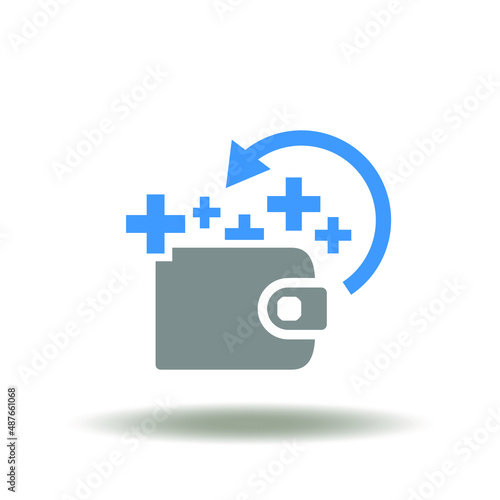 Vector illustration of wallet with pluses signs and round return arrow. Icon of cashback. Symbol of benefit, advantage.