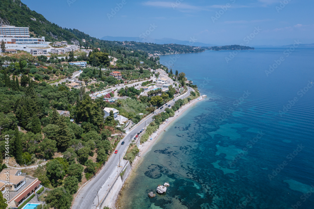 Drone photo of Benitses village in eastern part of Corfu Island, Greece
