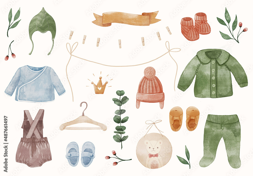 Watercolor Baby Boy Clothes and Accessories Illustrations Art Set Stock ...