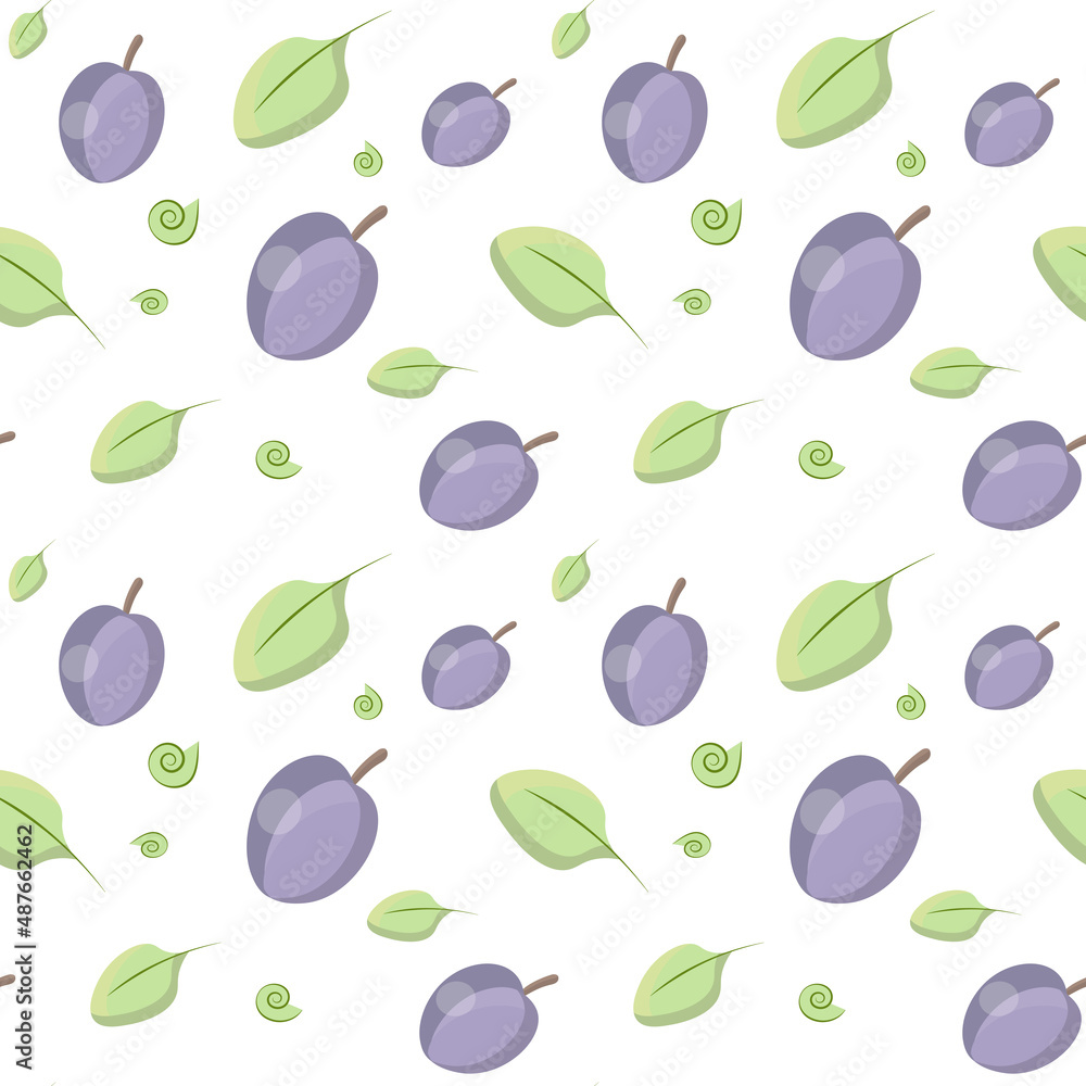 Seamless pattern with plums and leaves on white background. Elements for your textile, packaging design. Series of healthy food and drink and ingredients for cooking. Vector illustration Seamless pattern with plums and leaves on white background. Elements for your textile, packaging design. Series of healthy food and drink and ingredients for cooking. Vector illustration