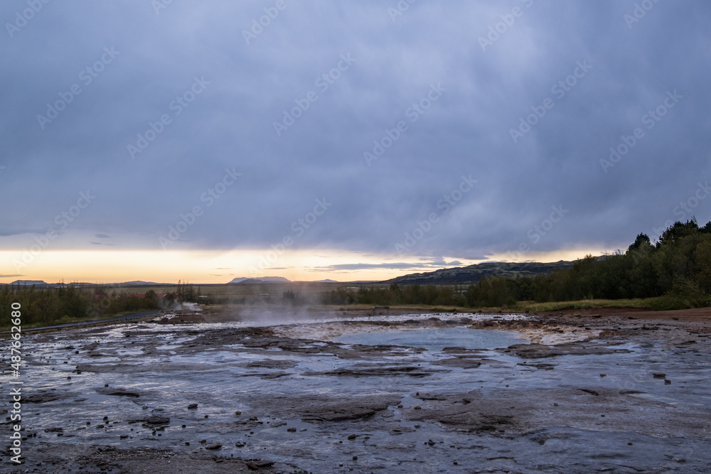 Strokkur Geysir geyser in southwestern Iceland, Europe, Haukadalur geothermal area in the time between eruptions.