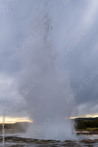 Spectacular geotermal eruption of Strokkur Geysir geyser in southwestern Iceland, Europe. Haukadalur geothermal area.