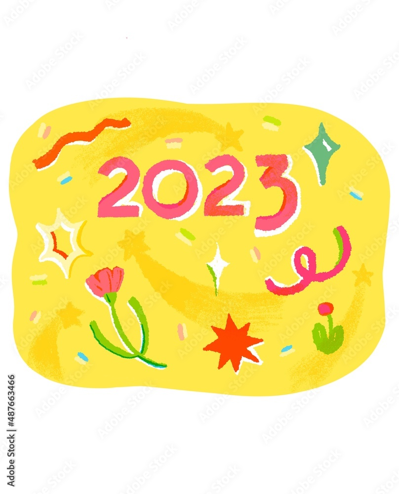 New Year 2023 celebration poster, calendar element, greeting card for print. Kawaii, motley, bright Christmas colorful illustration with sparkles, stars, serpentine, ribbon flowers isolated on white New Year 2023 celebration poster, calendar element, greeting card for print. Kawaii, motley, bright Christmas colorful illustration with sparkles, stars, serpentine, ribbon flowers isolated on white
