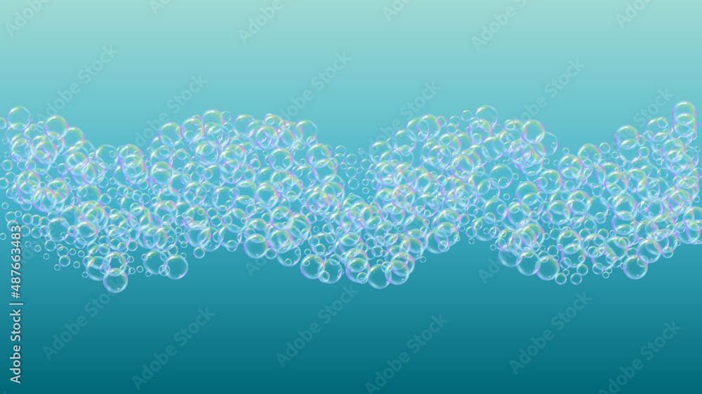 Bubble background with shampoo foam and detergent soap. Blue 3d vector illustration banner. Aqua fizz and splash. Realistic water frame and border. colorful liquid bubble background.