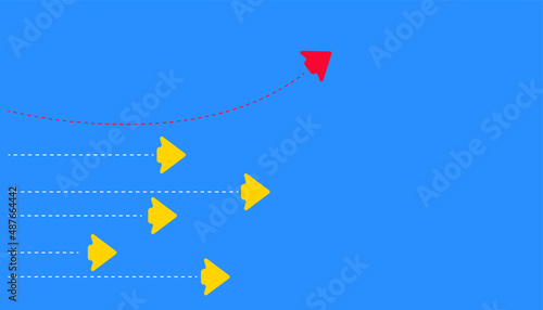Red arrow changing direction and yellow arrows moving in the same direction. concept of new idea, change, trend, courage, creative solution, innovation.