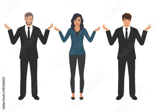 Oops. Sorry. I do not know. Young business man shrugs, shows helpless gesture and spread his hands, he does not know what to do.