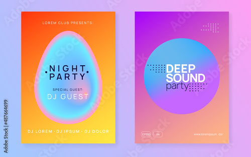 Sound Flyer. Wavy Art For Set. Creative Background For Brochure Design. Cool Dance Fest. Club And Carnival Vector. Purple And Turquoise Sound Flyer