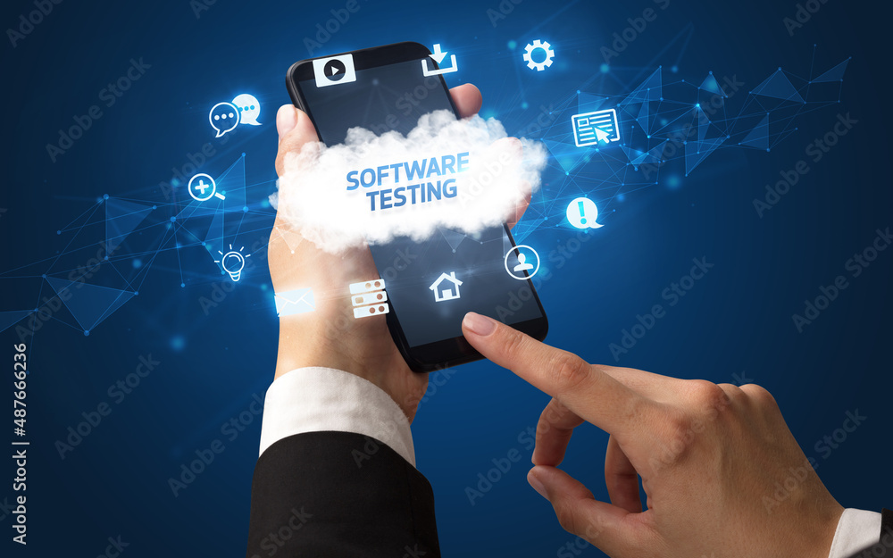 Hand using smartphone with cloud technology concept Hand using smartphone with cloud technology concept