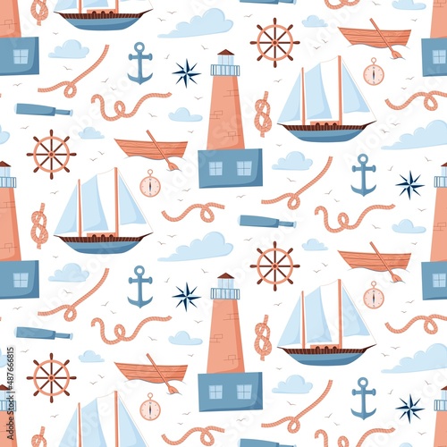 Seamless repeating sea pattern. Sailboat and lighthouse, clouds and attributes of navigation. Vector illustration