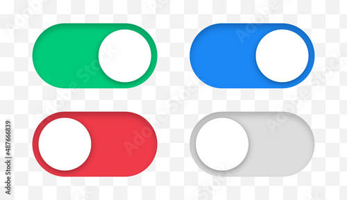 Realistic toggles switch button : On, Off vector set colors. Blue, green On app interface slide buttons. Red, grey Off switch button elements. Setting control toggle design. Ui vector illustration. photo