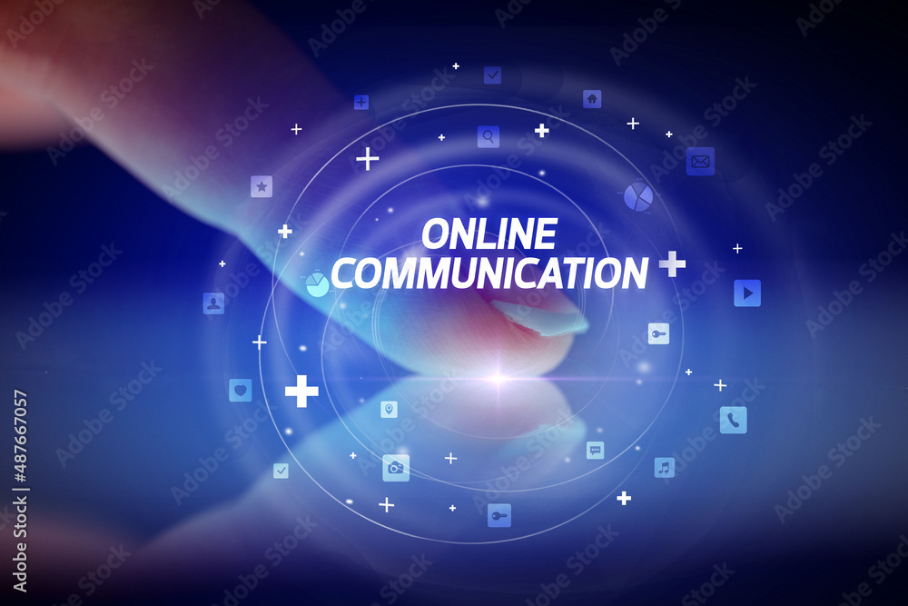 Finger touching tablet with social media icons concept Finger touching tablet with social media icons concept
