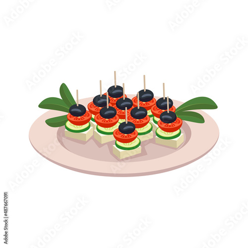 Lovely fingerfood with cheese, tomato, cucumber and olives. Festive appetizer, party food decoration. Useful snack. Vector flat illustration