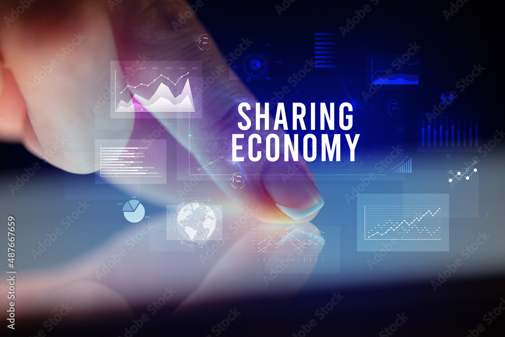 Finger touching tablet with business graphs and icons concept Finger touching tablet with business graphs and icons concept