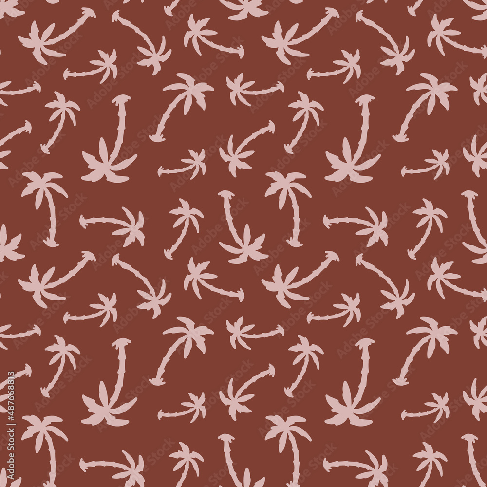 Palm tree seamless repeat pattern. Random placed, vector tropical botany all over print on brown background. Palm tree seamless repeat pattern. Random placed, vector tropical botany all over print on brown background.