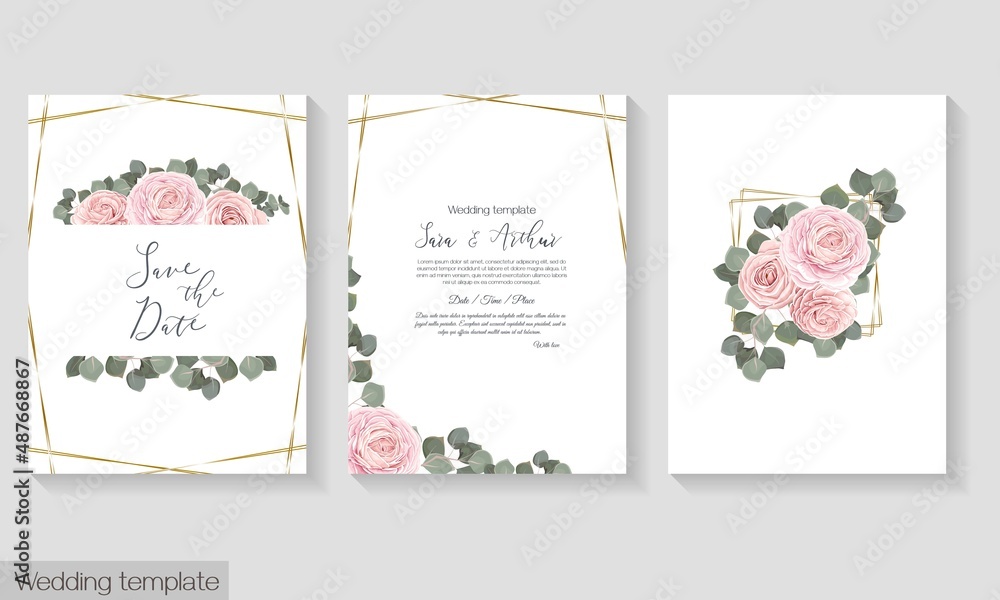 Vector template for wedding invitation. Pink ranunculus, roses, eucalyptus, green leaves and plants, round frame.