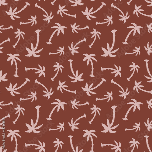 Palm tree seamless repeat pattern. Random placed, vector tropical botany all over print on brown background.