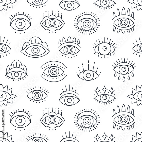 Background with hand drawn various Turkish symbol eye talismans. Seamless pattern design with Line art icon of evil seeing eye. Mystic esoteric amulet talisman signs in linear style.