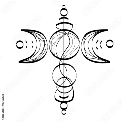 Triple moon pagan Wicca moon goddess symbol.Hand drawn geometric esoteric and occult sign vector illustration isolated on white background.Tattoo, astrology,alchemy,boho and magic symbol.Coloring book