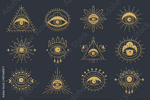 Line art icon set of evil seeing eye. Gold mystic esoteric signs linear style. Hand drawn various Turkish symbol eye talismans.