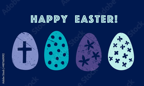 Postcard Happy Easter! Vector. Banner with text inscription, eggs, horizontal format, congratulations, minimalistic design, vintage, illustration, web. Blue, green, purple.