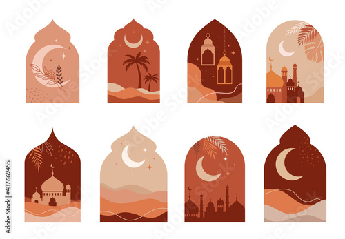 Collection of oriental style Islamic windows and arches with modern boho design, moon, mosque dome and lanterns 