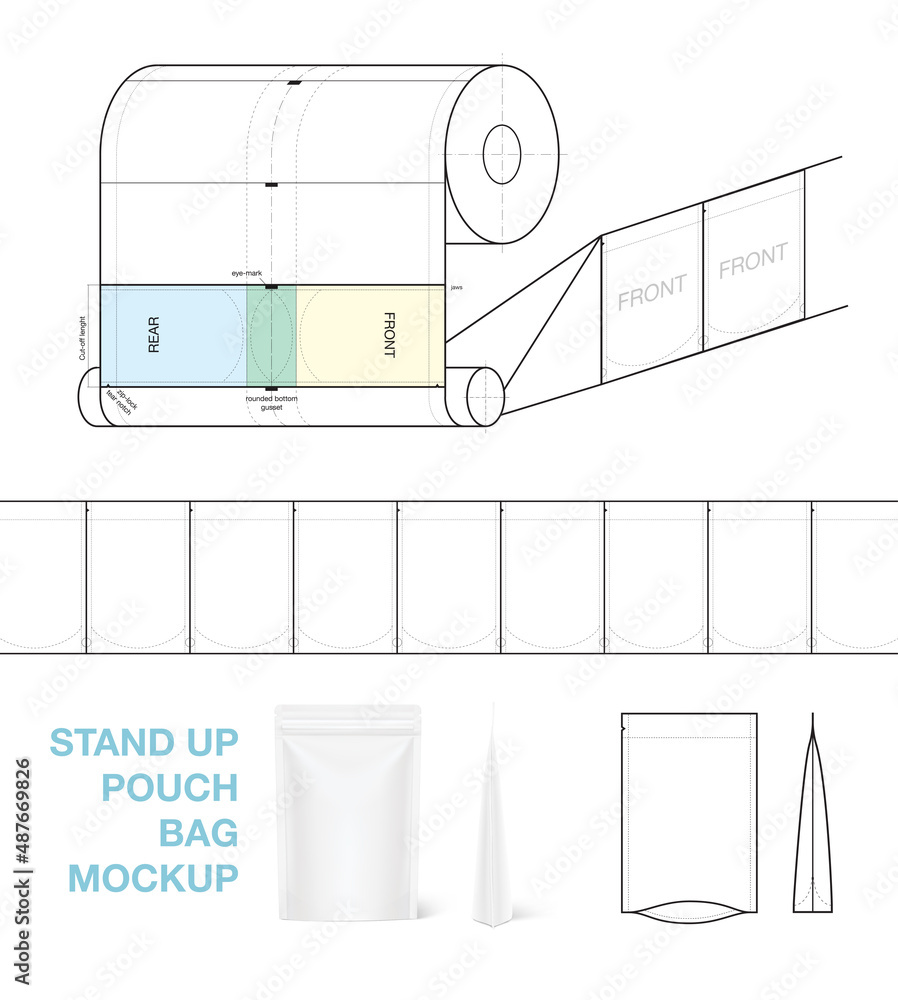 Standup pouch bag mockup with folding scheme. Vector illustration isolated on white background