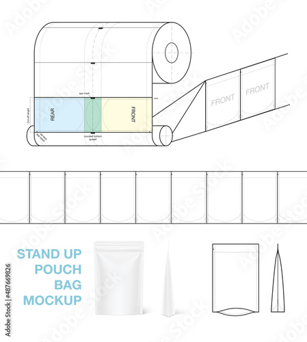 Stand-up pouch bag mockup with folding scheme. Vector illustration isolated on white background. Front and side view. Perfect for final packshot. EPS10.	