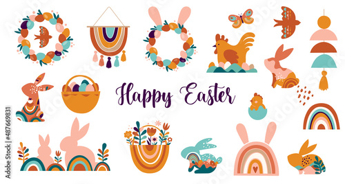 Happy Easter banner, poster, greeting card. Trendy Easter design with typography, bunnies, flowers, eggs, bunny ears, in pastel colors. Modern minimal style
