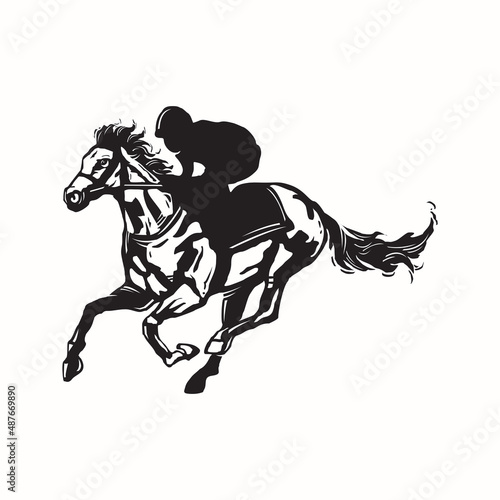 racing horse logo, silhoueette of a man with his great horse vector illustration © nenk123