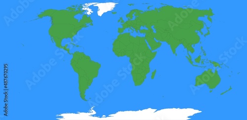 The green outlines of continents in the blue oceans. A view of the whole world