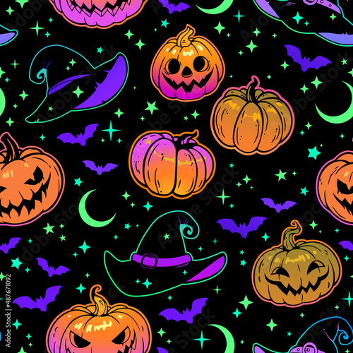 Seamless halloween illustration. Image of smiling festive pumpkins and witch hats