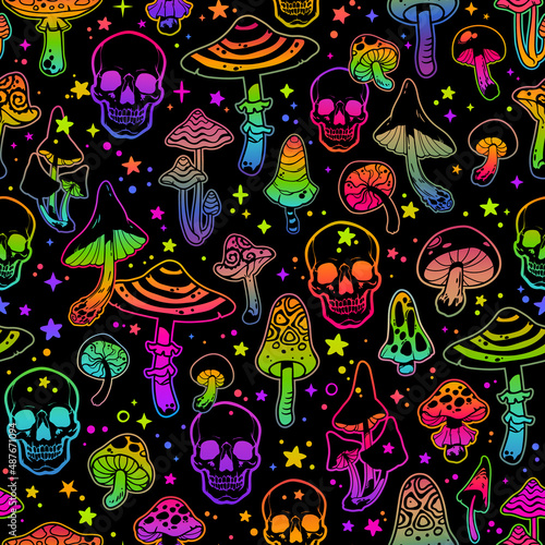 Seamless psychedelic pattern of bright poisonous mushrooms and human skulls