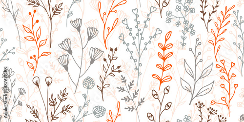 Field flower branches hand drawn vector seamless ornament. Fine herbal textile print. Herb plants leaves and stems wallpaper. Field flower sprigs linear endless swatch