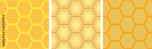 Honeycomb seamless pattern with halftone texture isolated on white background. Geometric pattern for food production, package, kitchen interior design, cover, background, etc. Vector illustration. Set