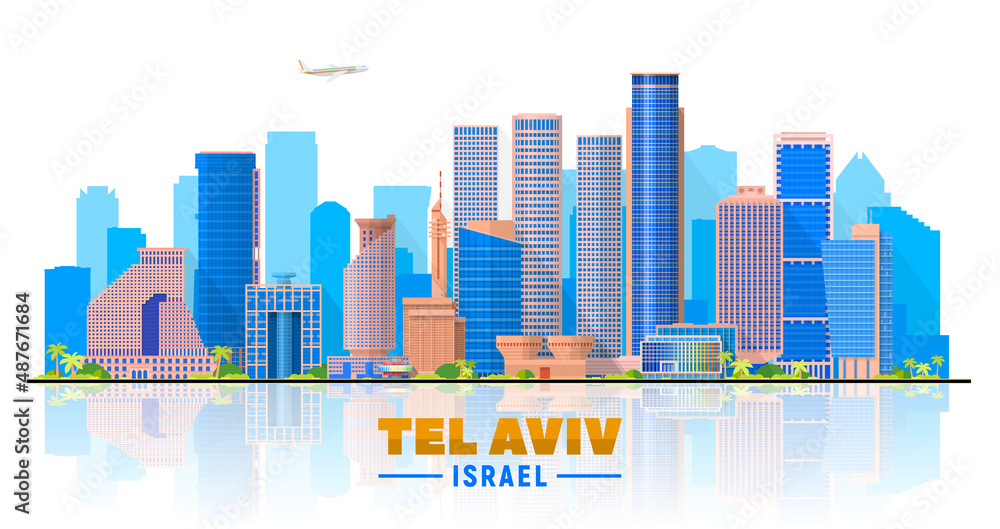 Tel Aviv Israel skyline with panorama in white background. Vector Illustration. Business travel and tourism concept with modern buildings. Image for presentation, banner, website
