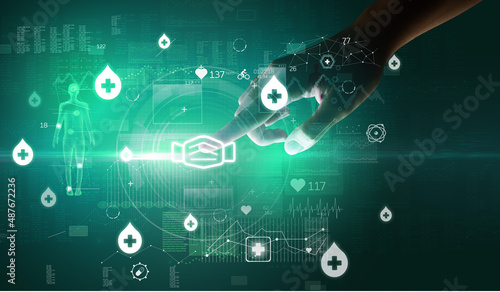 Doctor hand pressing futuristic health device with medical symbol on screen