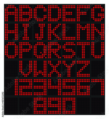 Led display alphabet with digital font style. Red light effect vector illustration.