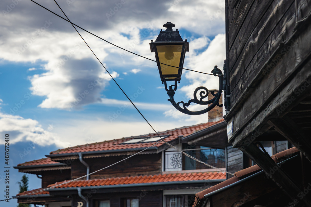 Street lamp in Old Town of Nesebar historic city on a Black Sea shore in Bulgaria