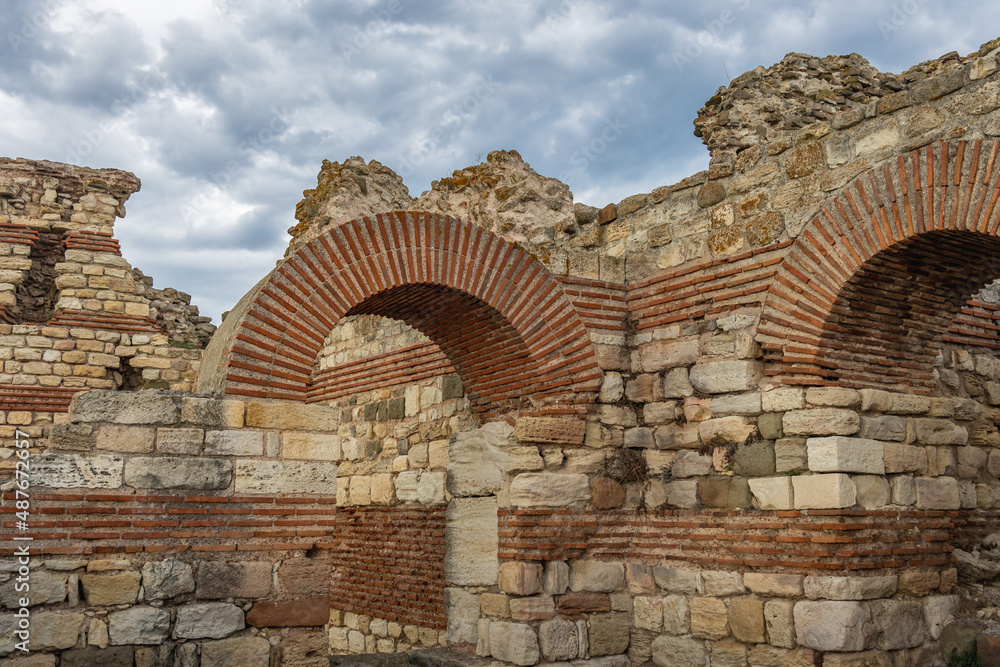 Ruins of ancient walls in Old Town of Nesebar city, Bulgaria