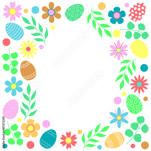 Easter frame with place for text. Pattern of colored eggs, flowers and leaves. Vector illustration