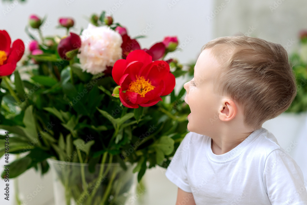 A little boy in a white T-shirt with blooming peonies. Spring. A child in flowers. A little boy in a white T-shirt with blooming peonies. Spring. A child in flowers.