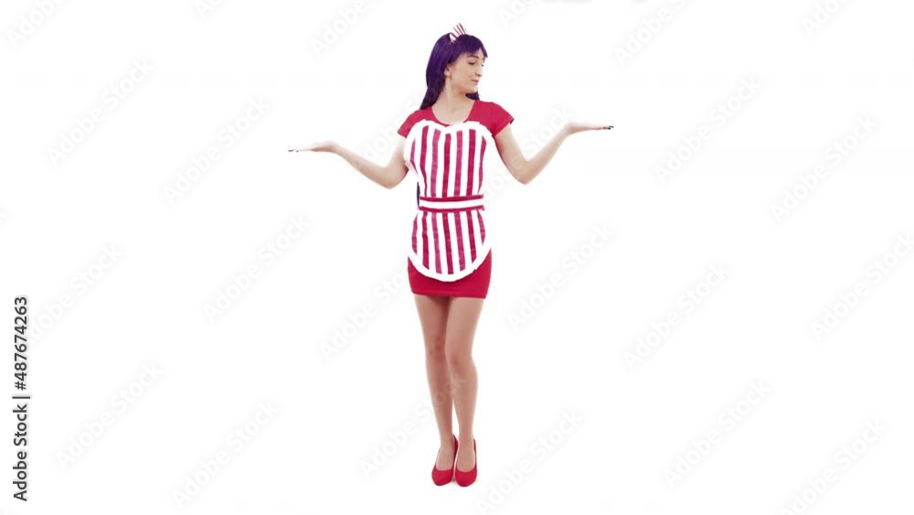 Caucasian Sailor Mars Woman Cosplayer Choosing Between Two Options White Background Full Studio Shot. High quality 4k footage Caucasian Sailor Mars Woman Cosplayer Choosing Between Two Options White Background Full Studio Shot. High quality 4k footage