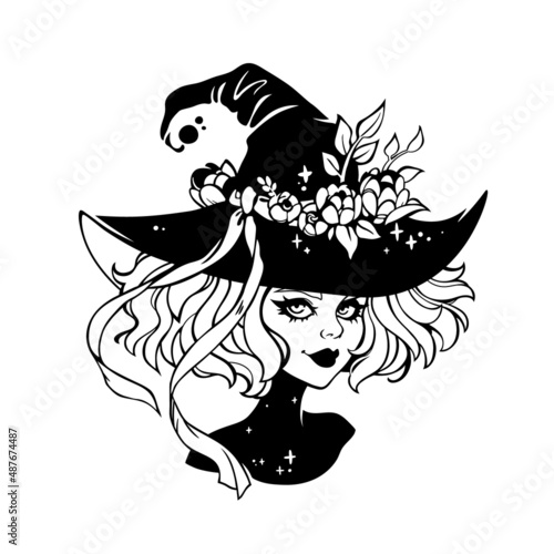 cute gothic witch wearing a hat with flowers