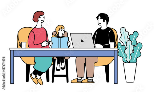 パソコンをする男性と本を読む母子のイラスト　在宅で仕事をする風景
