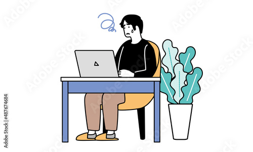 パソコンをする男性　困った表情のイラスト
